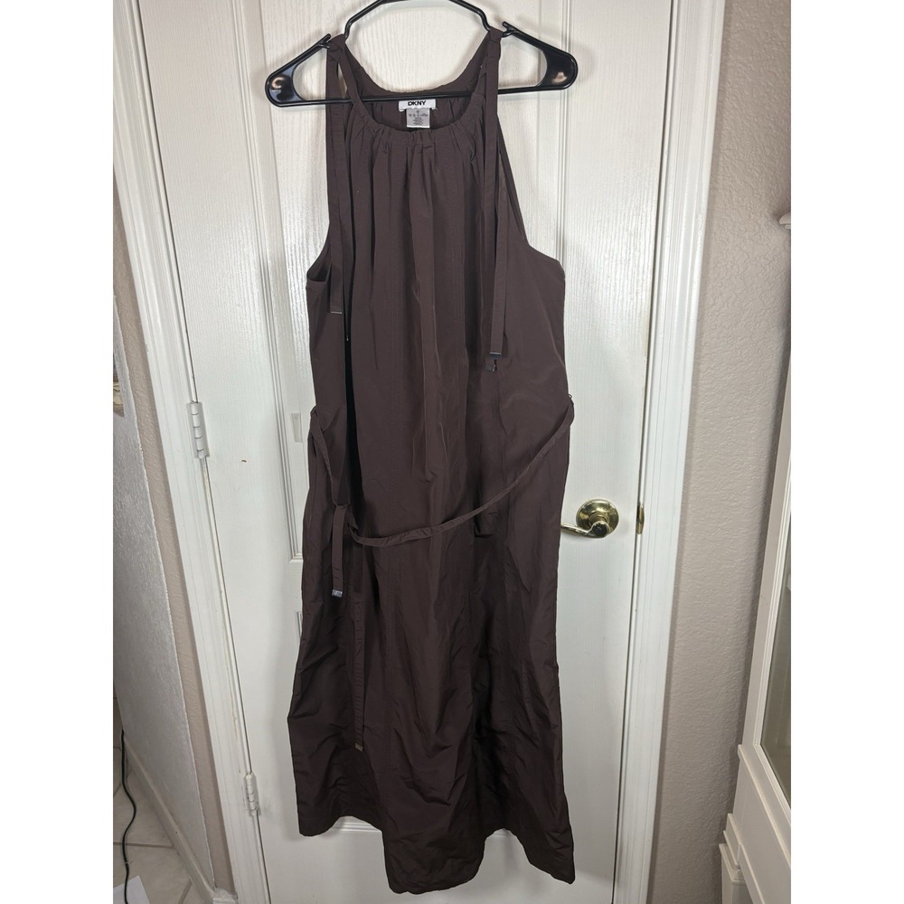 DKNY Women's Size 12 Chocolate Brown Halter Midi Dress Seamed Tie Straps Tie Wai - Picture 10 of 11